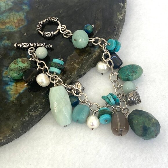 Sterling Silver 925 Beaded Multistone Turquoise Cable Chain Charm Bracelet 7.5" - Picture 4 of 16